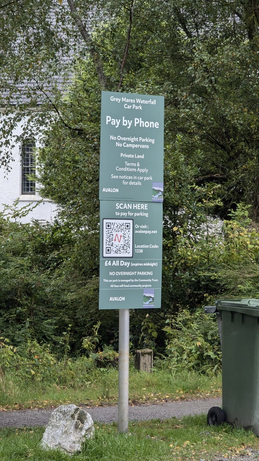 The Grey Mare's Tail waterfall car park sign at Kinlochleven, pay by phone, no overnight.