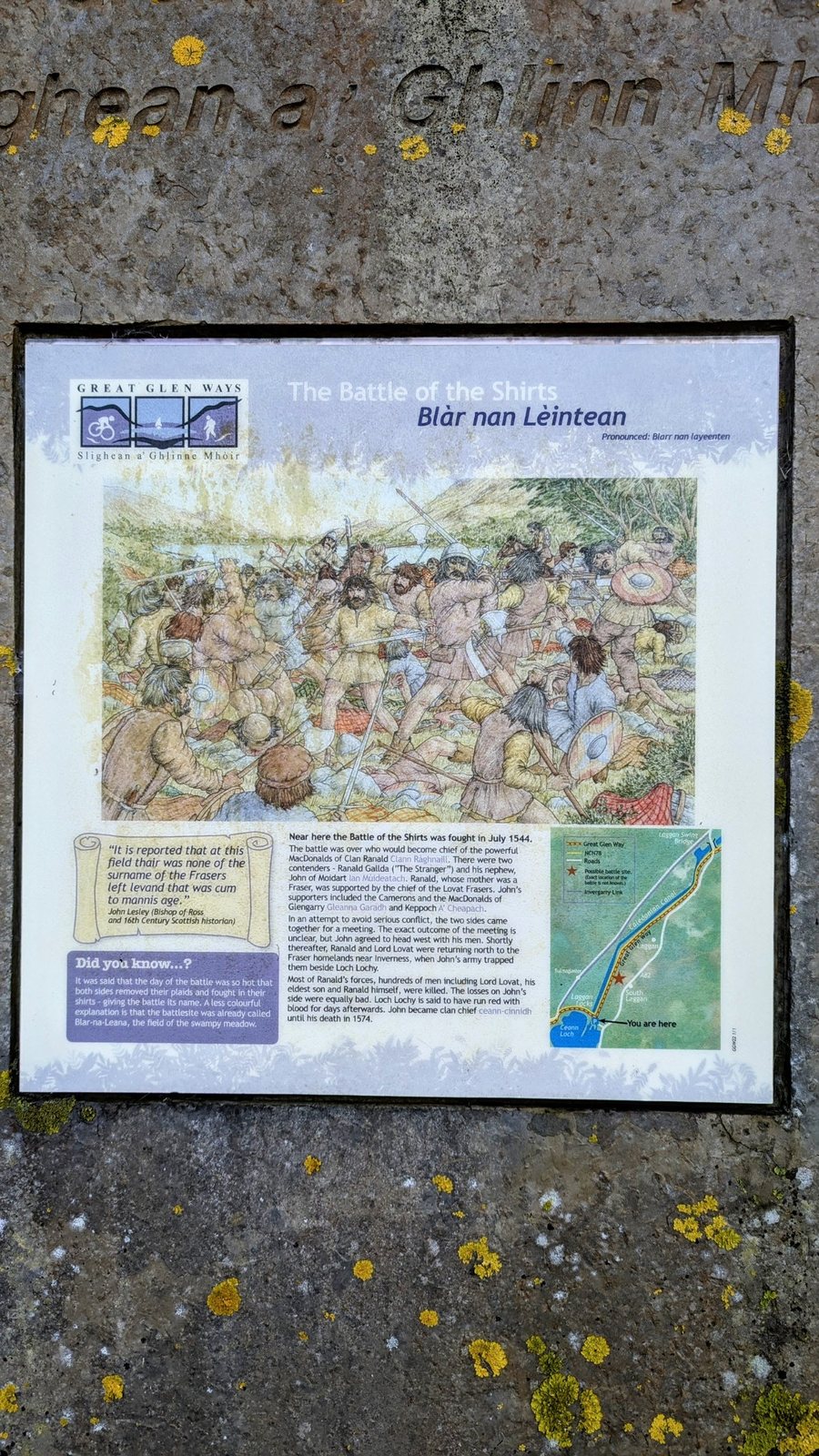 An interpretation board about the Battle of the Shirts near the head of Loch Lochy.