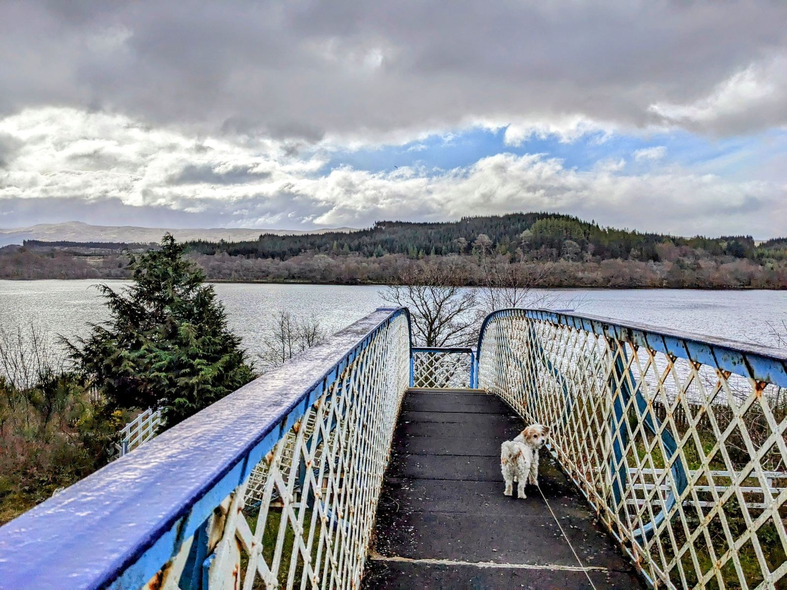 The footbridge and a view over Loch Awe from Loch Awe village.