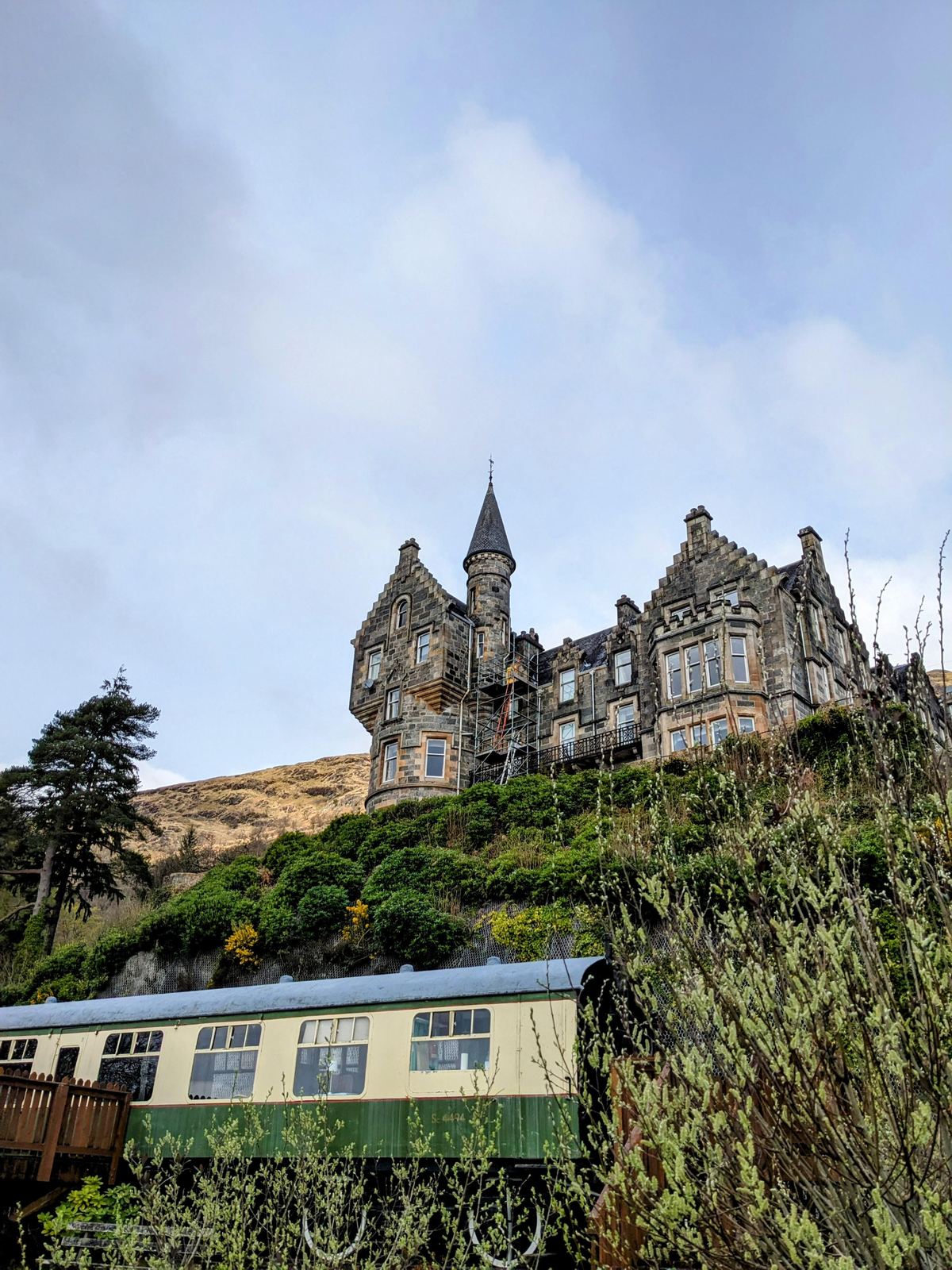 The dramatic Scots Baronial Loch Awe Hotel with its turrets, on the shore of Loch Awe.
