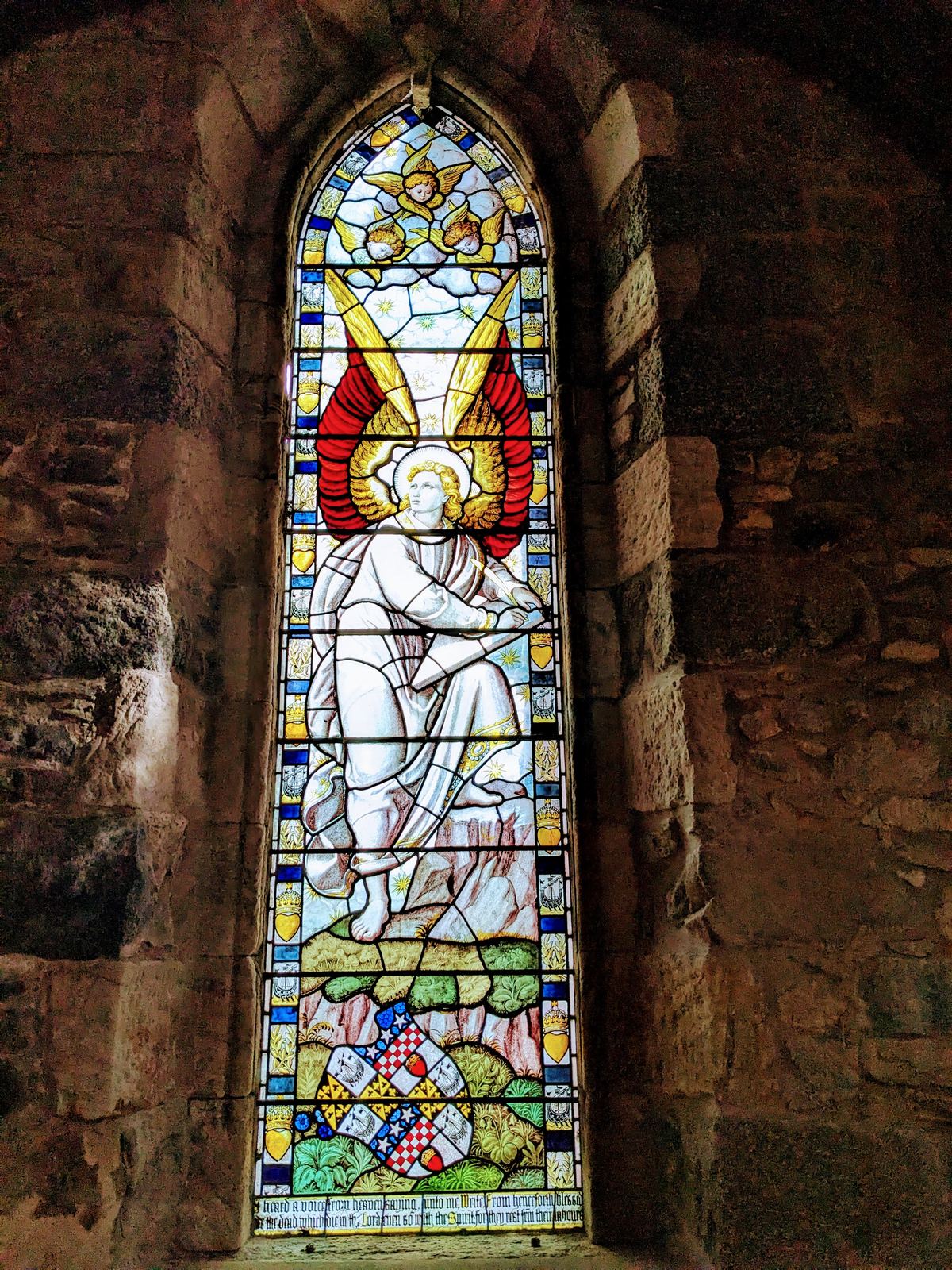 A stained-glass angel window inside St Conan&rsquo;s Kirk.
