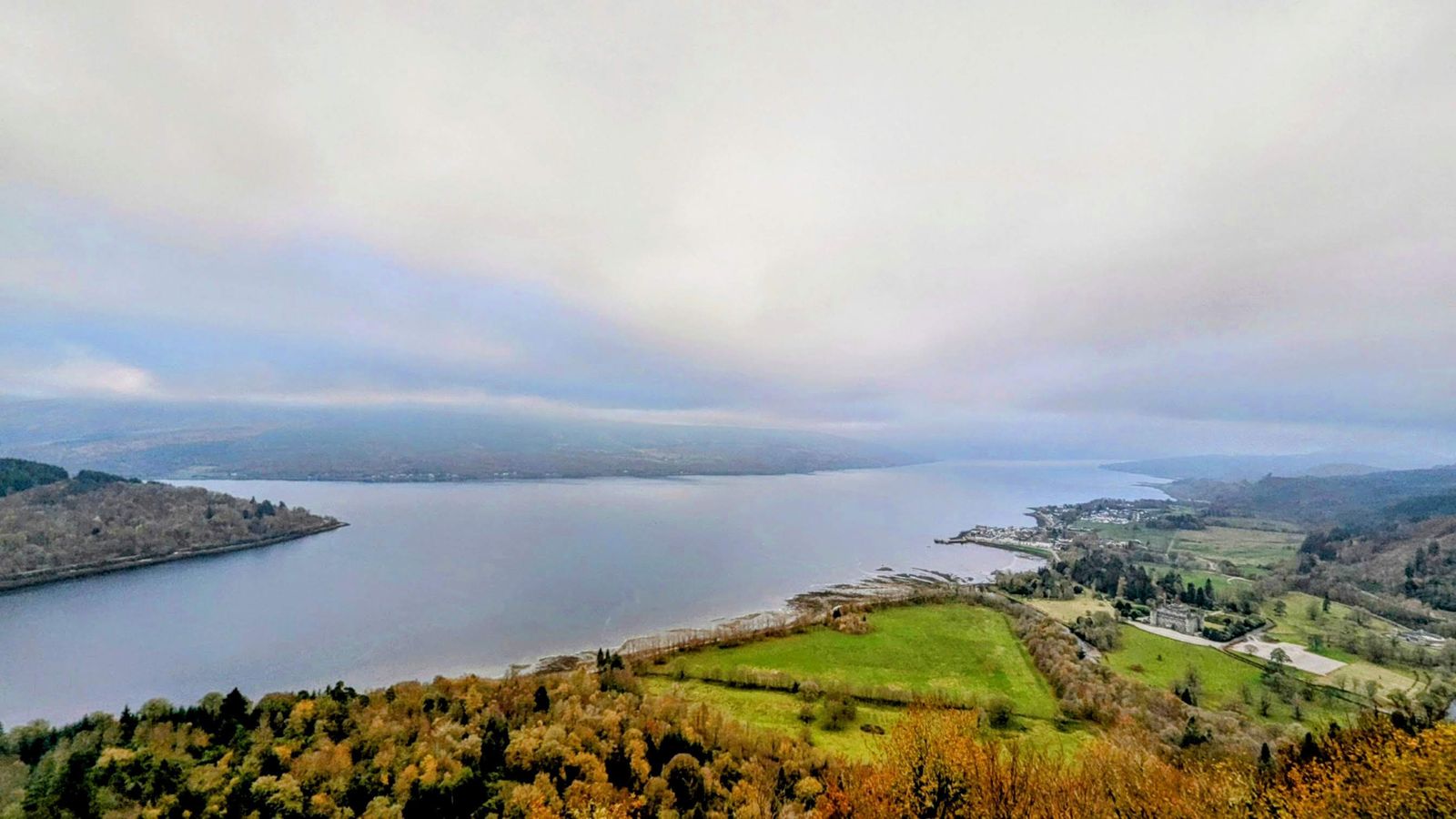 Loch Fyne stretching away below Inveraray in autumn, seen from Dun na Cuaiche
