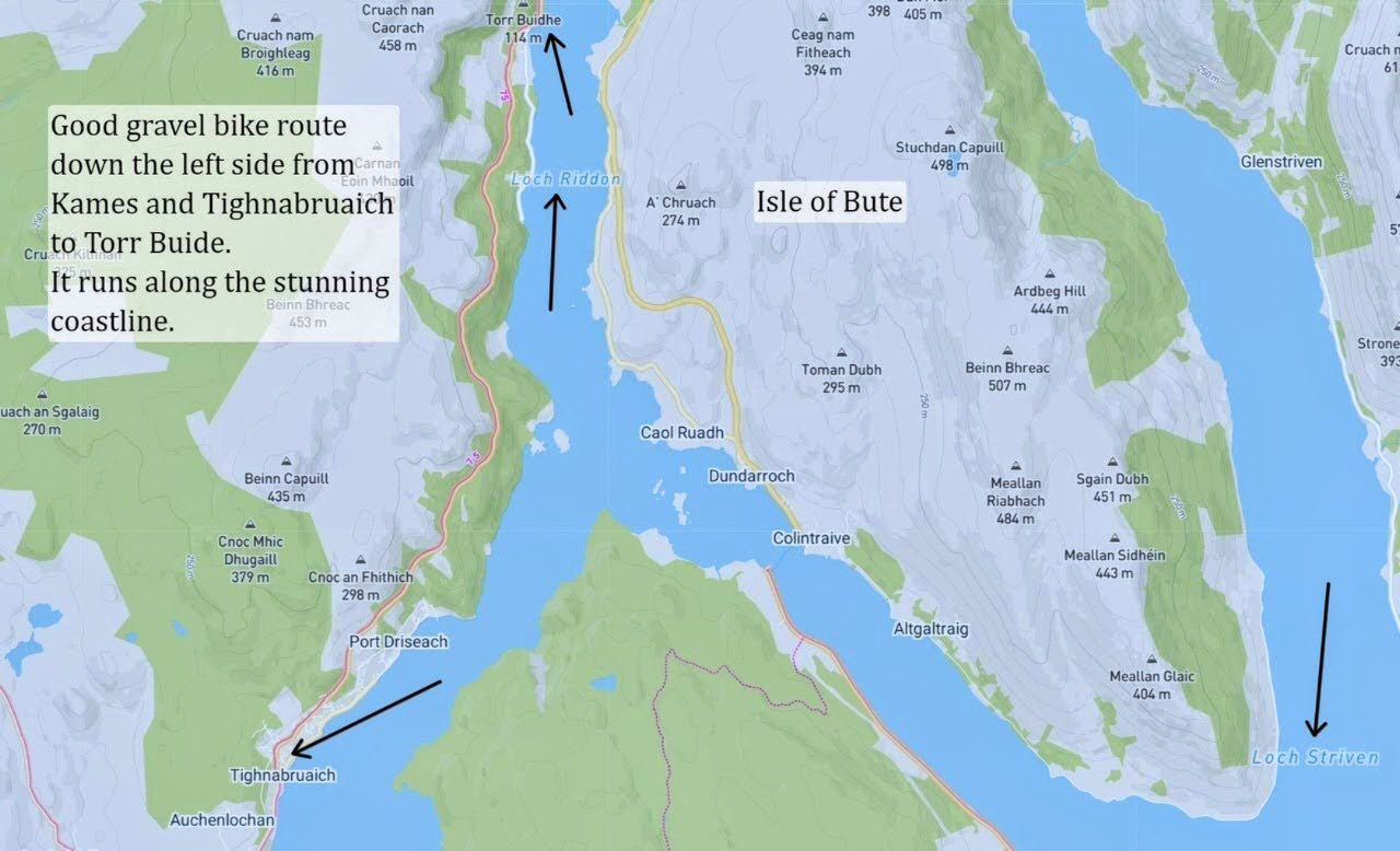 A map showing the gravel bike route down the west side of Loch Riddon from Kames and Tighnabruaich to Torr Buidhe.