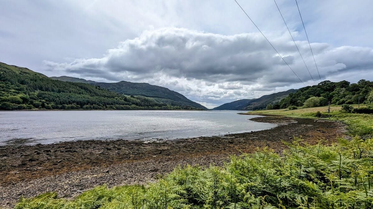 The head of Loch Riddon at low tide, wide tidal flats and wooded hills.