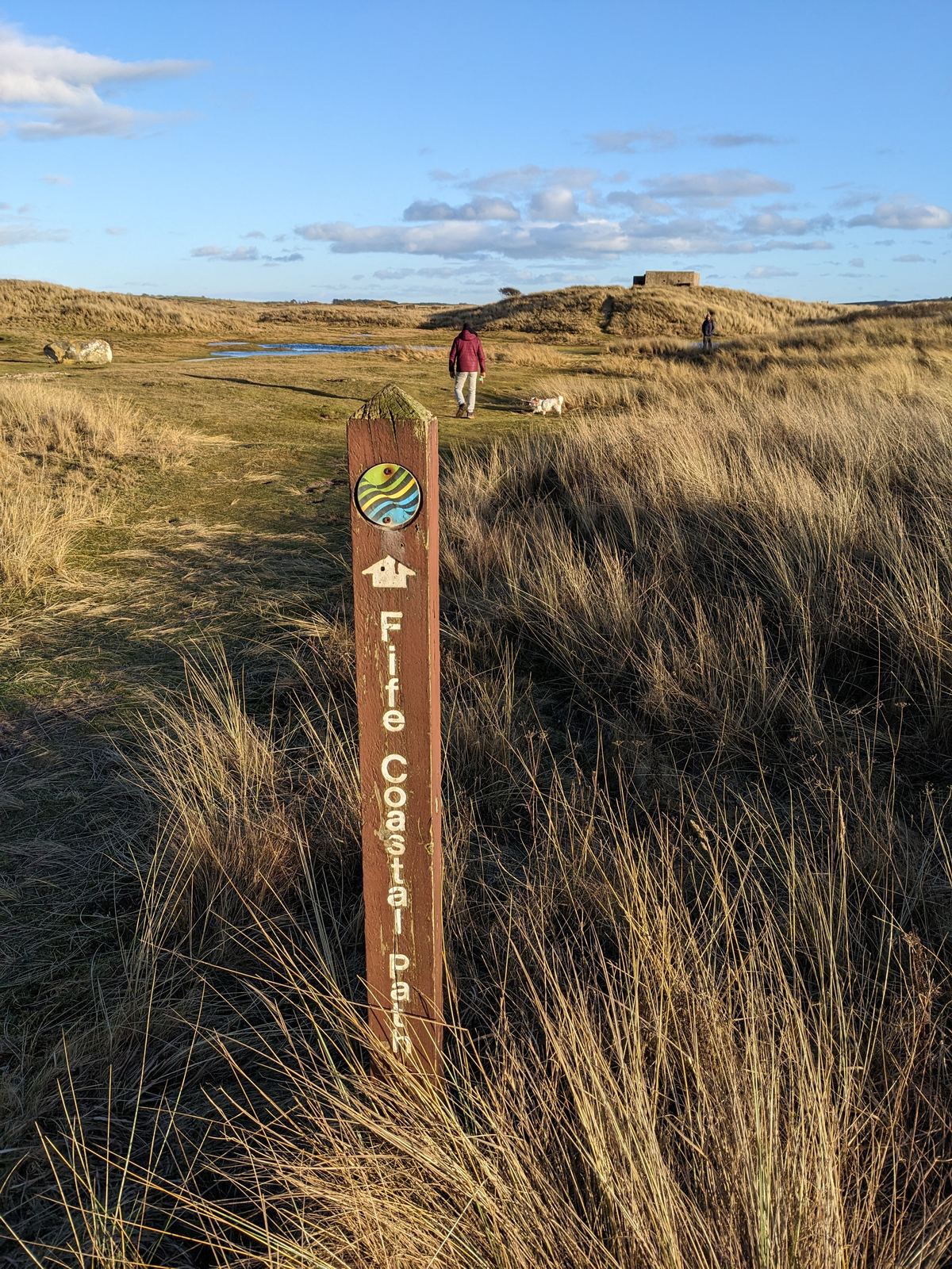 A Fife Coastal Path marker in the dunes and marram grass near Lower Largo