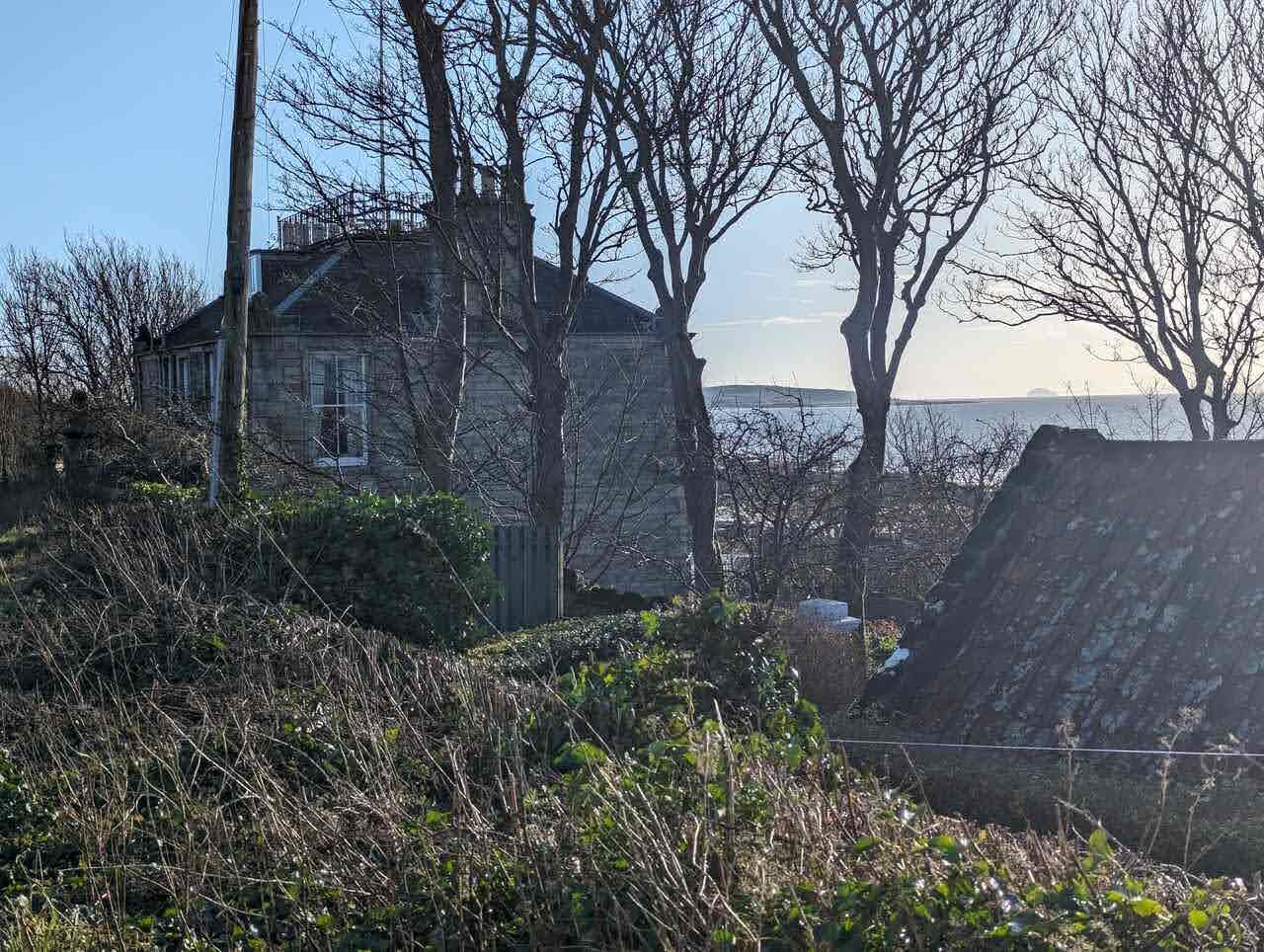 An old stone house among bare winter trees at Lower Largo