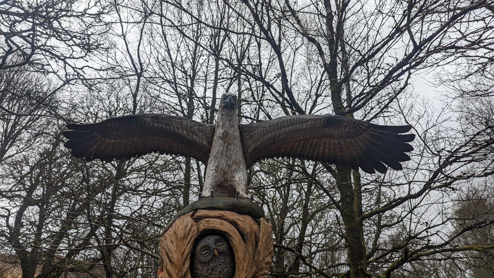 A large wooden owl with wings spread, carved from a tree trunk on the Loch Lomond fairy trail at Luss.
