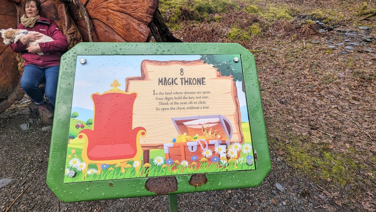 A colourful 'Magic Throne' storybook board on the Loch Lomond fairy trail at Luss.