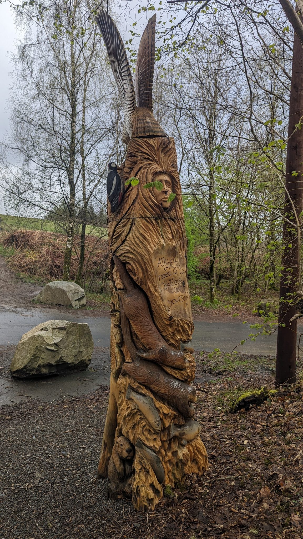 A tall carved wooden green-man figure emerging from a tree trunk on the Luss fairy trail.