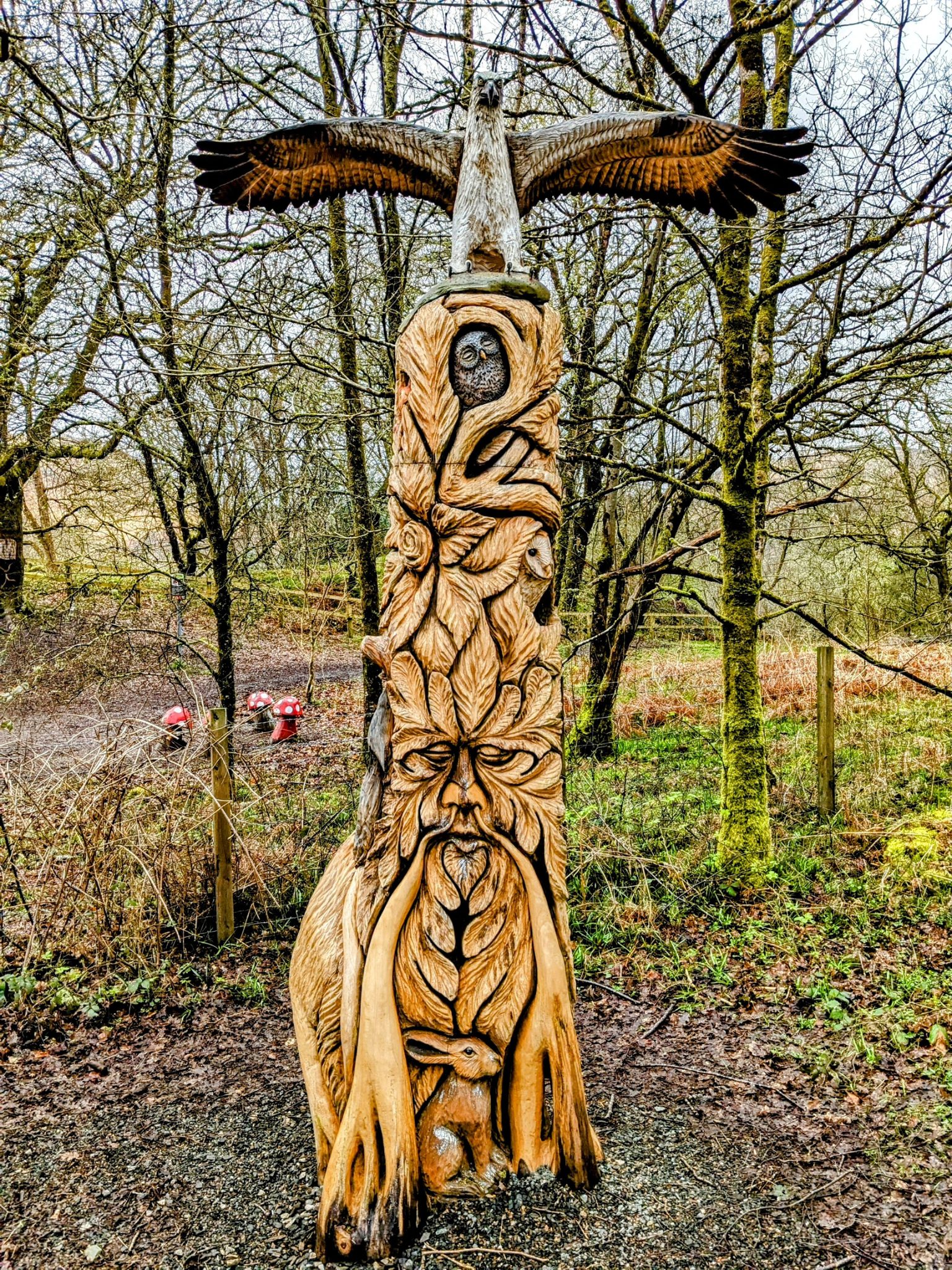 A carved woodland-spirit figure on a tree along the Loch Lomond fairy trail at Luss.