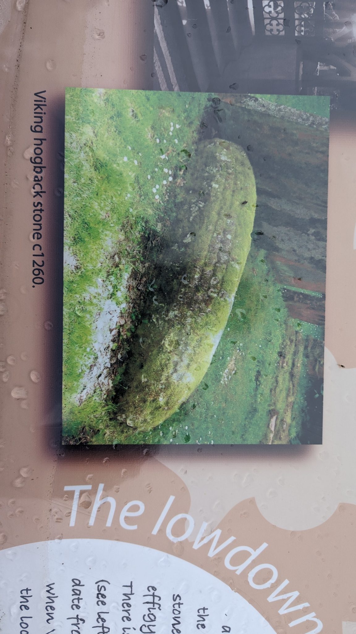 An information display showing the medieval hogback grave-stone in Luss churchyard.