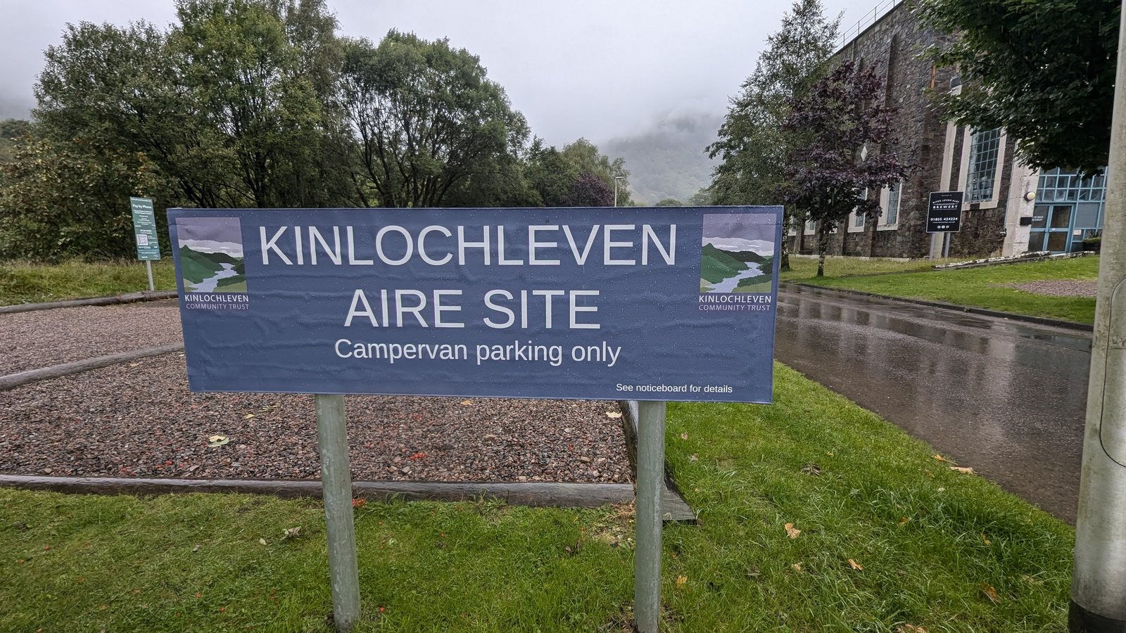 The motorhome aire sign at Kinlochleven, beside Loch Leven