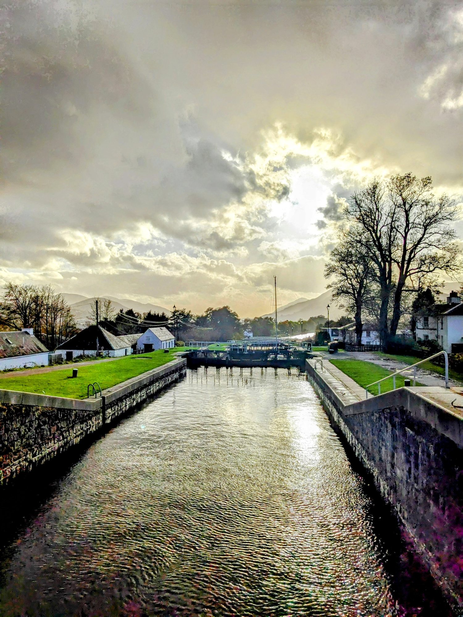 The flight of canal locks at Neptune's Staircase, Banavie, with Ben Nevis beyond.