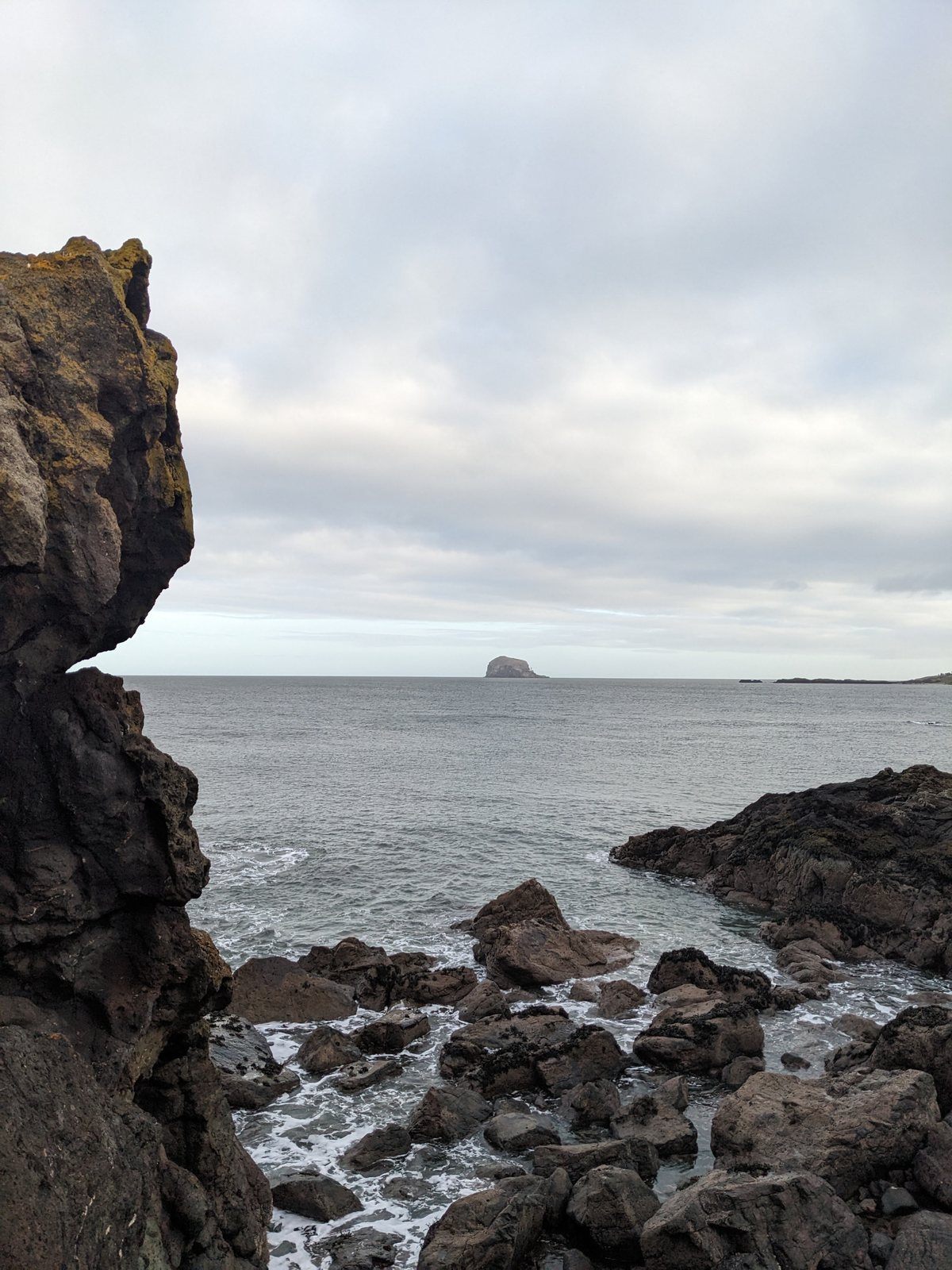 The rocky point at North Berwick with the Bass Rock beyond.