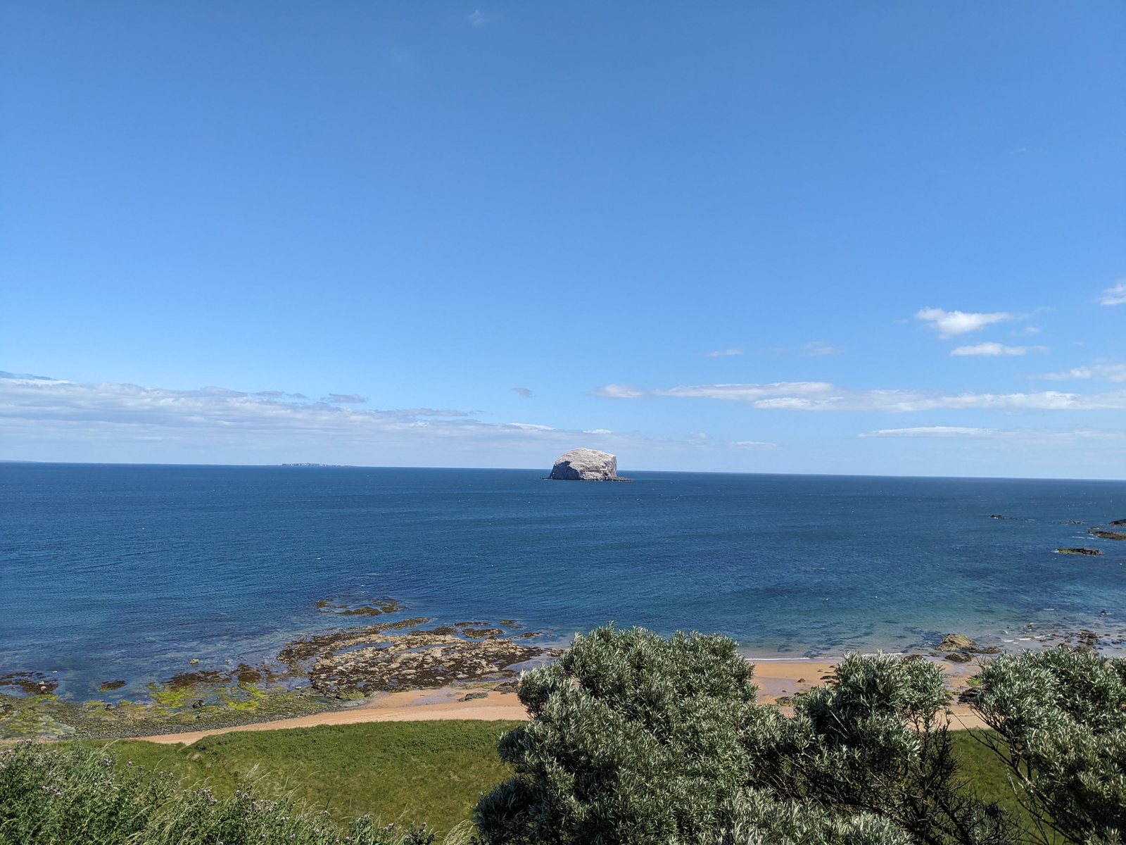 The volcanic Bass Rock two miles offshore in the Firth of Forth.