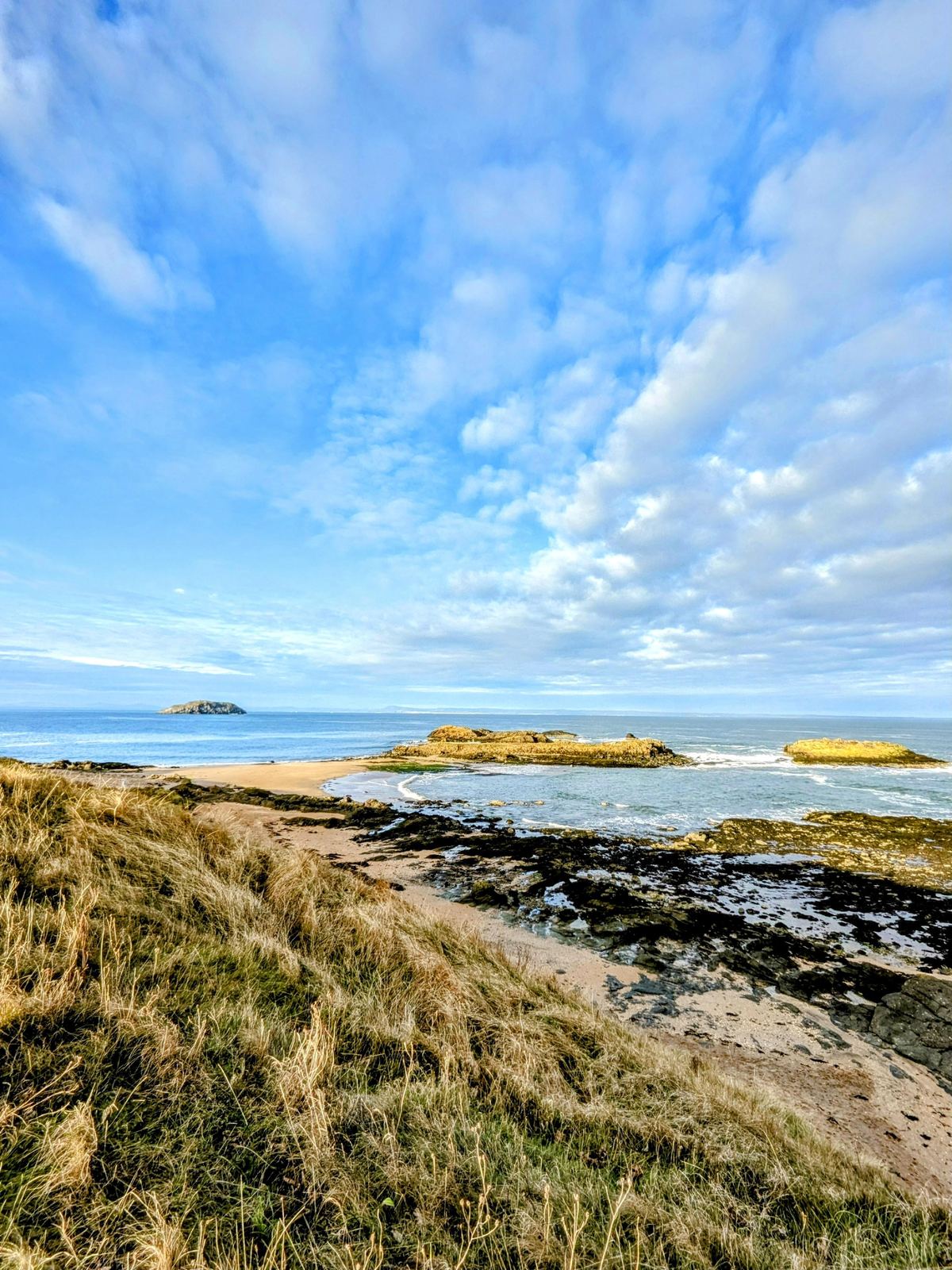 A rocky point on the North Berwick shore looking out to the island of Craigleith.