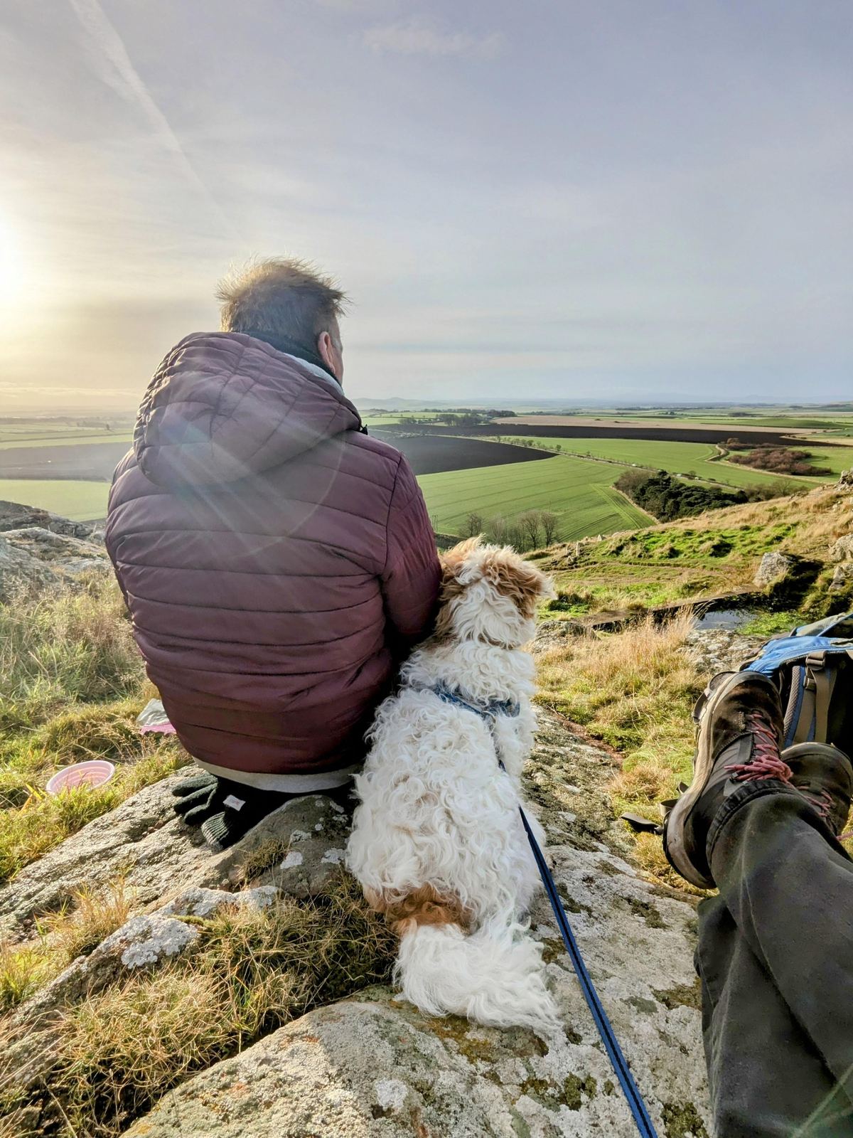 Sitting on the summit rocks of North Berwick Law with Lillie the dog, low winter sun over the East Lothian farmland far below.