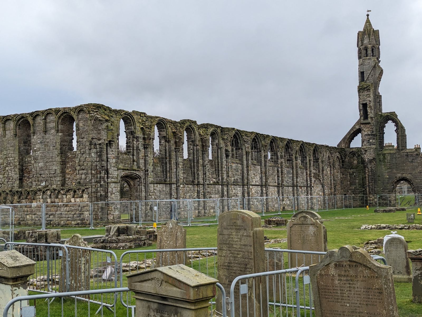 The ruins of St Andrews Cathedral against the sky.