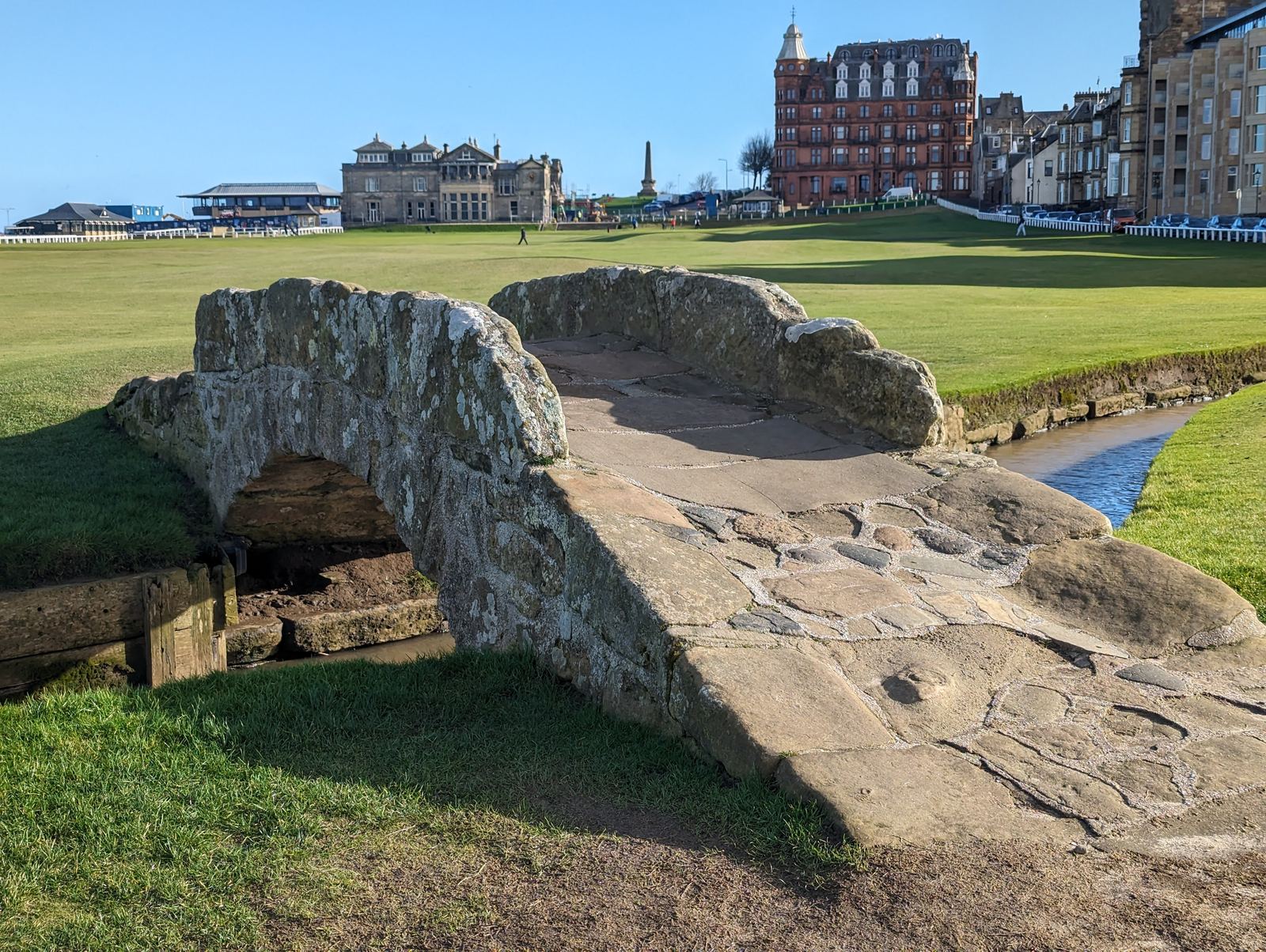 The famous little stone Swilcan Bridge on the 18th fairway of the Old Course, St Andrews.