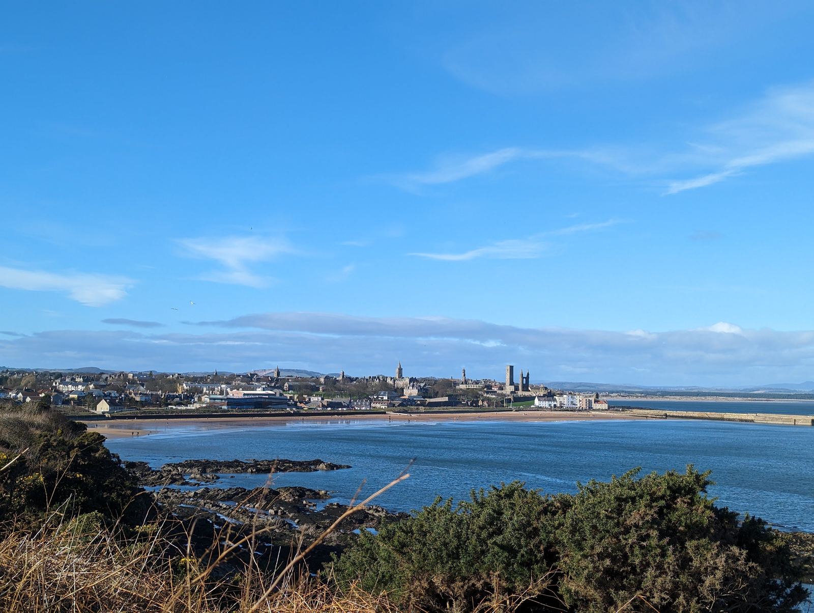 The skyline of St Andrews with the cathedral, seen across the bay.