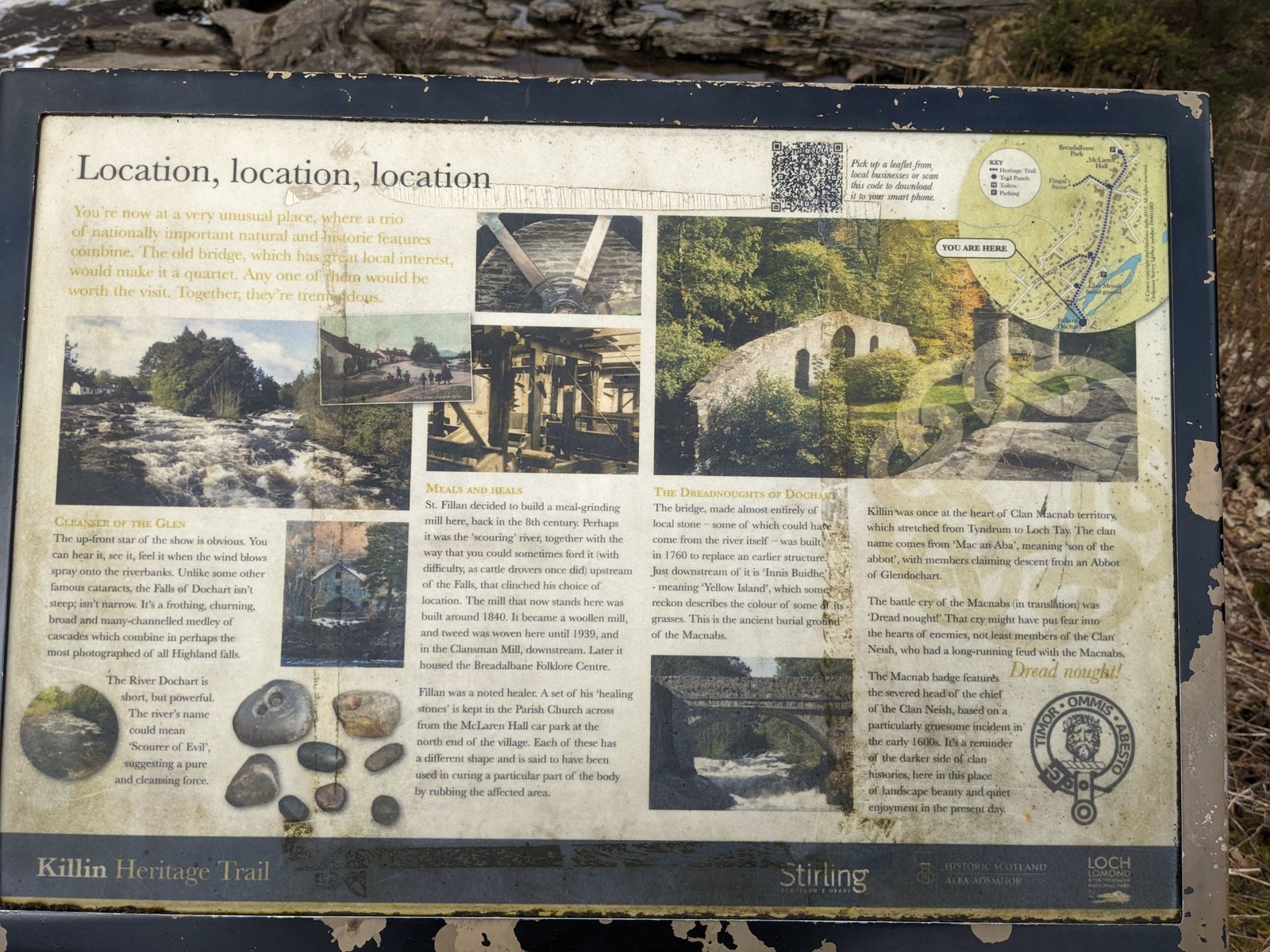 The Killin heritage board on St Fillan’s mill and healing stones