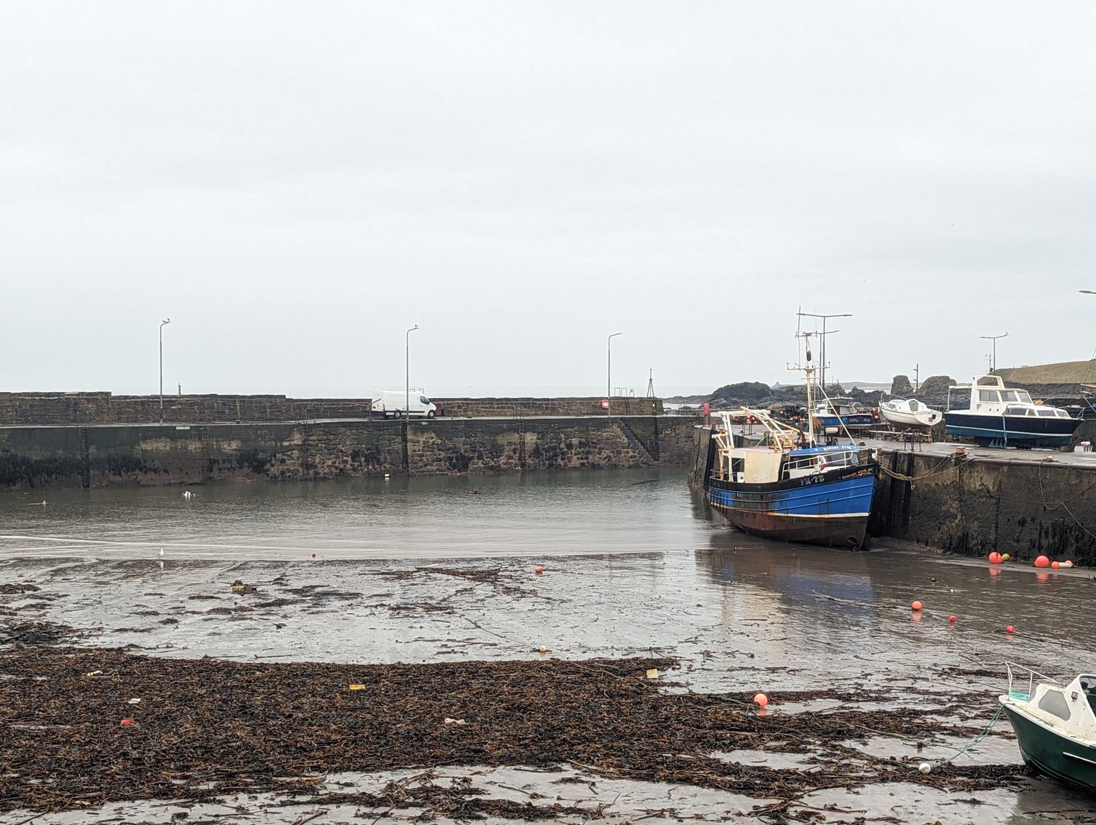 St Monans harbour at low tide with the curving sea wall.