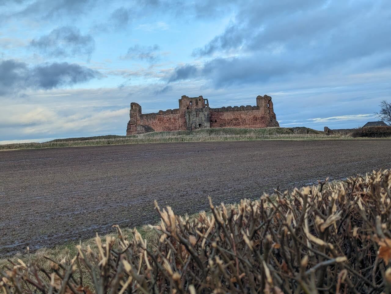 The mighty curtain wall of Tantallon Castle seen head-on across the grass.