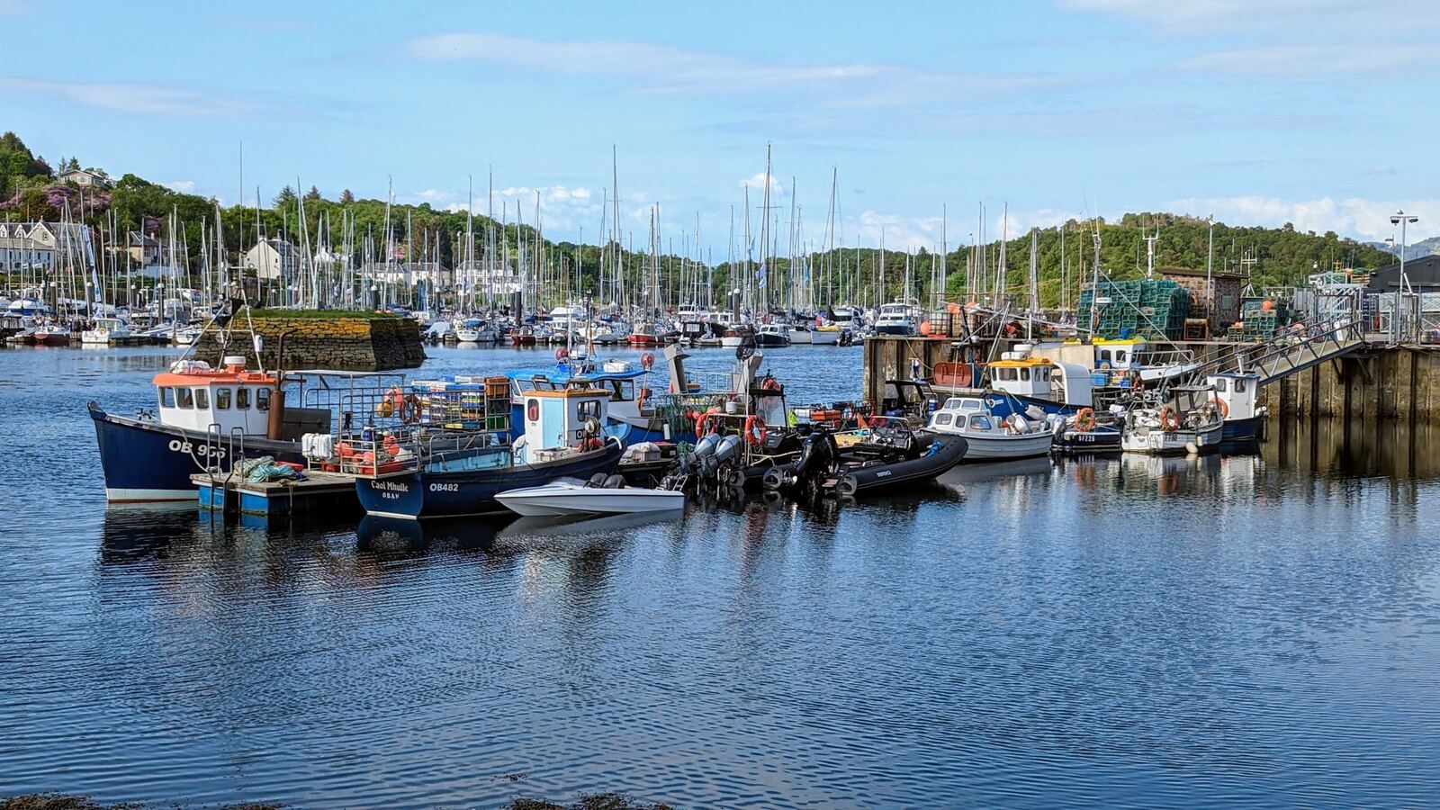 Fishing boats moored in Tarbert harbour with yachts and green hills behind.