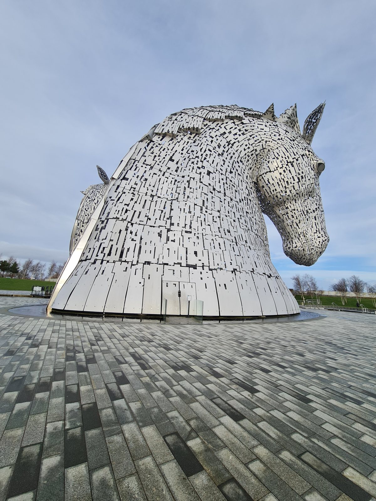A close view of one of the Kelpies' steel-clad heads.