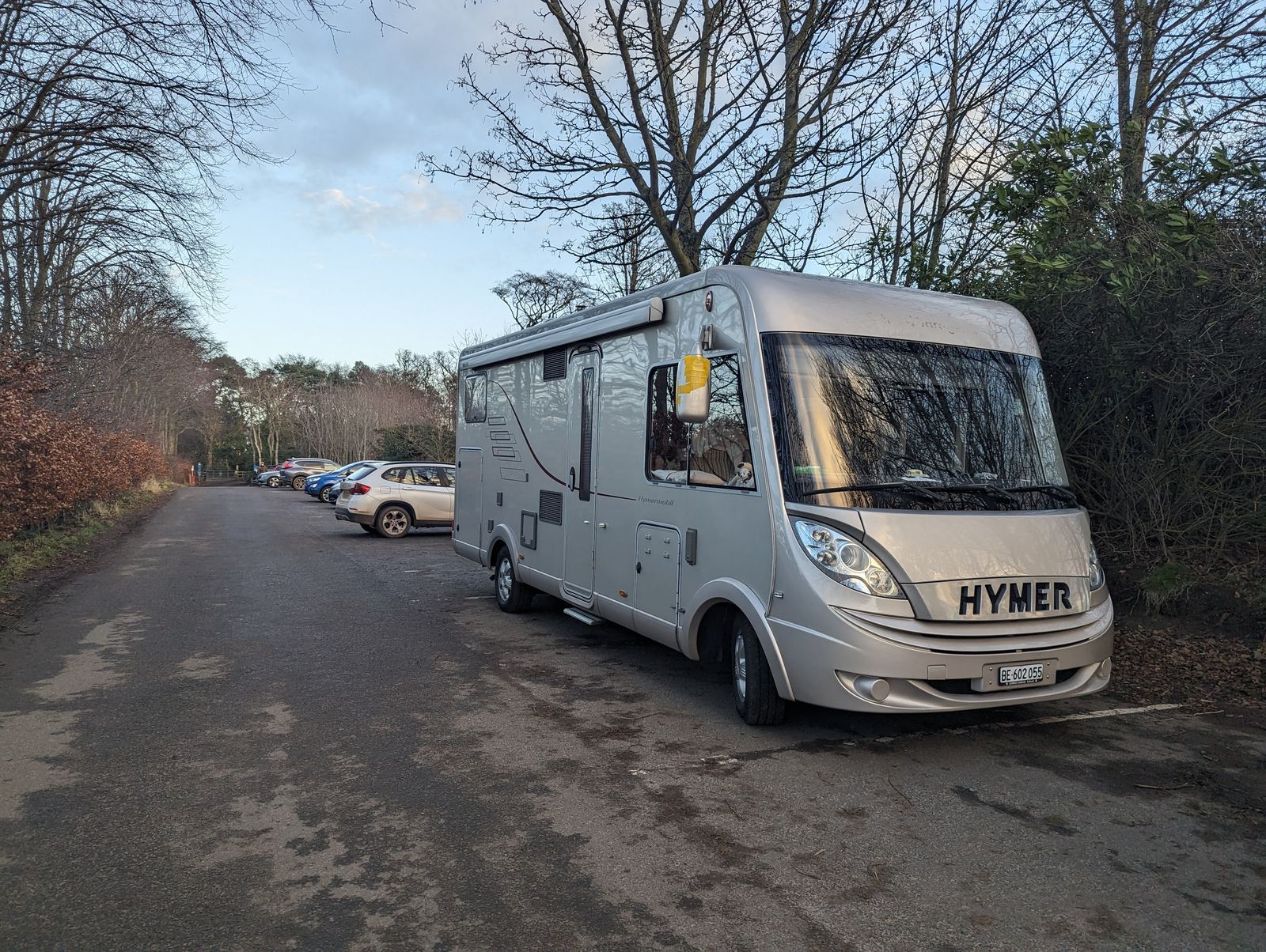 A Hymer motorhome in the small car park by the Tyninghame walks.