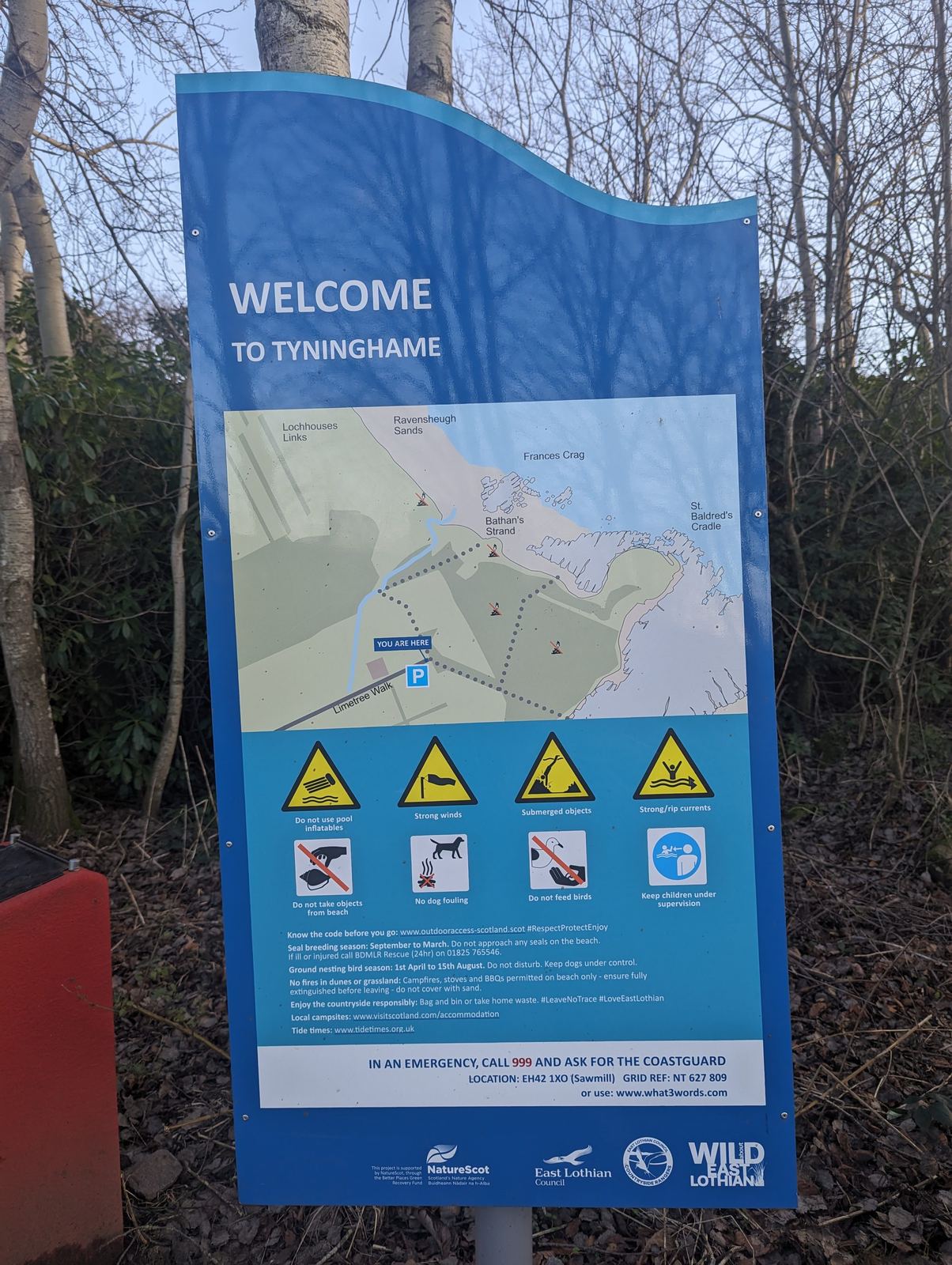 The 'Welcome to Tyninghame' map board at the entrance to the John Muir Country Park walks.